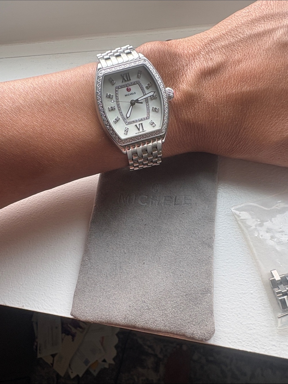 Michele Silver-Tone Mother-of-Pearl Dial Diamond Accent Watch